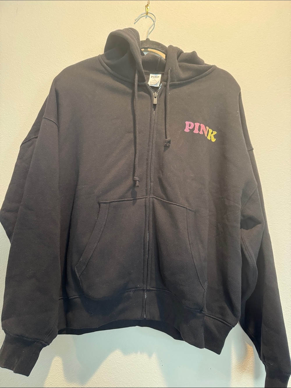 PINK Black Full-Zip Hoodie with Pink and Yellow Logo